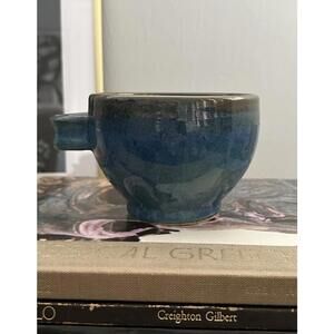 Handmade Ceramic Pottery Soup Or Cereal Bowl  W/ Handle Shades Of Blue & Brown